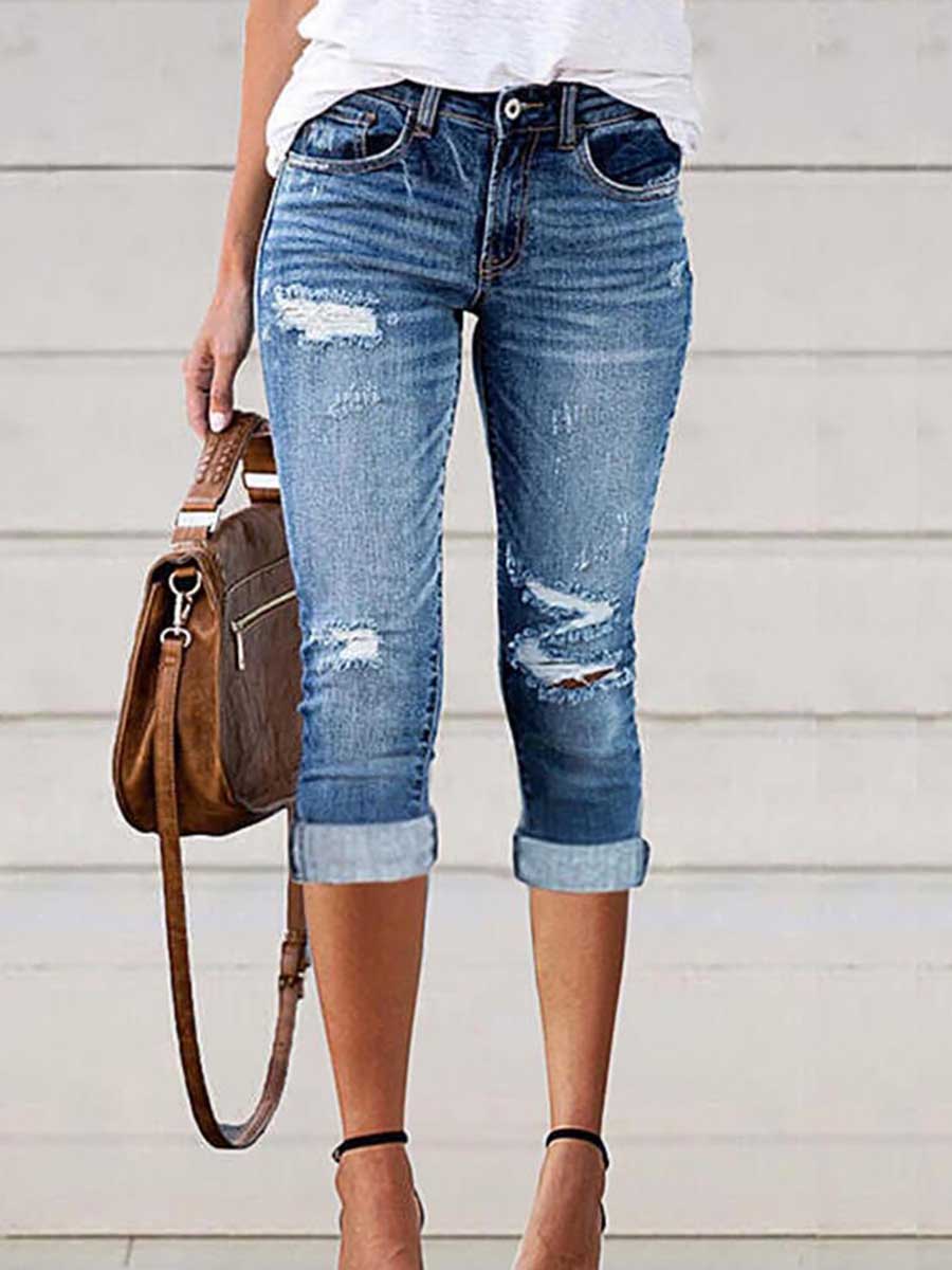 Stunncal Fashion Hole Stretch Denim Cropped Pants