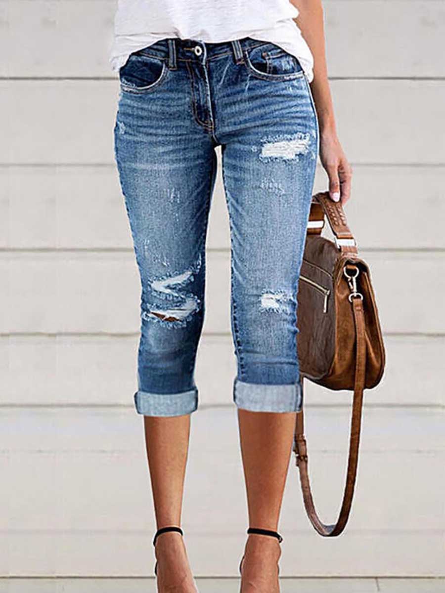 Stunncal Fashion Hole Stretch Denim Cropped Pants