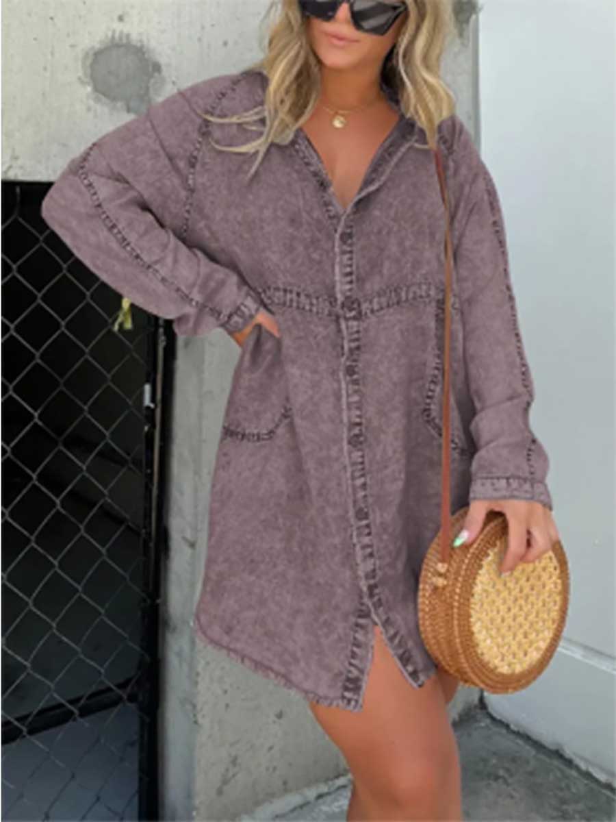 Stunncal V-neck Washed Loose Shirt Denim Skirt