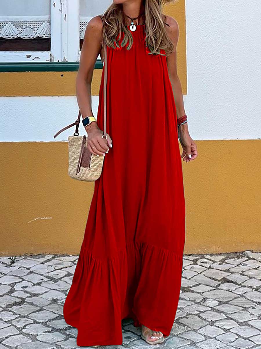 Stunncal Fashion Temperament Solid Color Sleeveless Neck Long Dresses