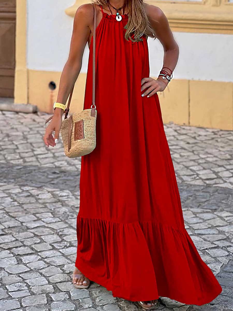Stunncal Fashion Temperament Solid Color Sleeveless Neck Long Dresses
