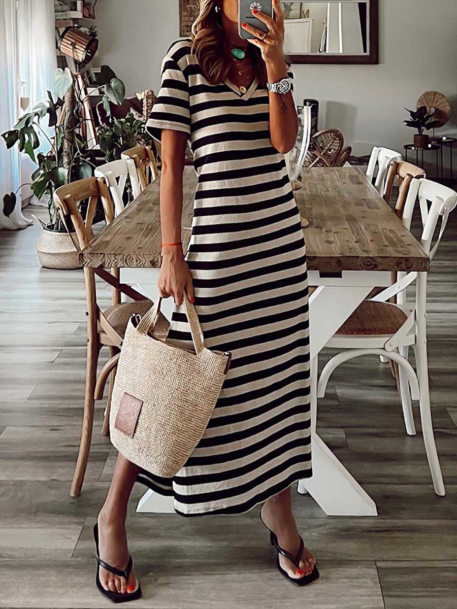 Stunncal Striped printed v-neck long skirt