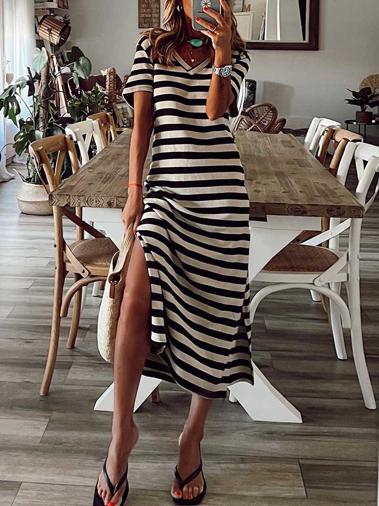 Stunncal Striped printed v-neck long skirt