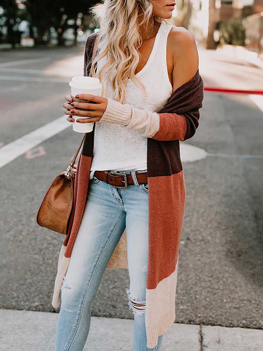 Stunncal Knit Sweater Tricolor Stripe Patchwork Long Sweater Cardigan