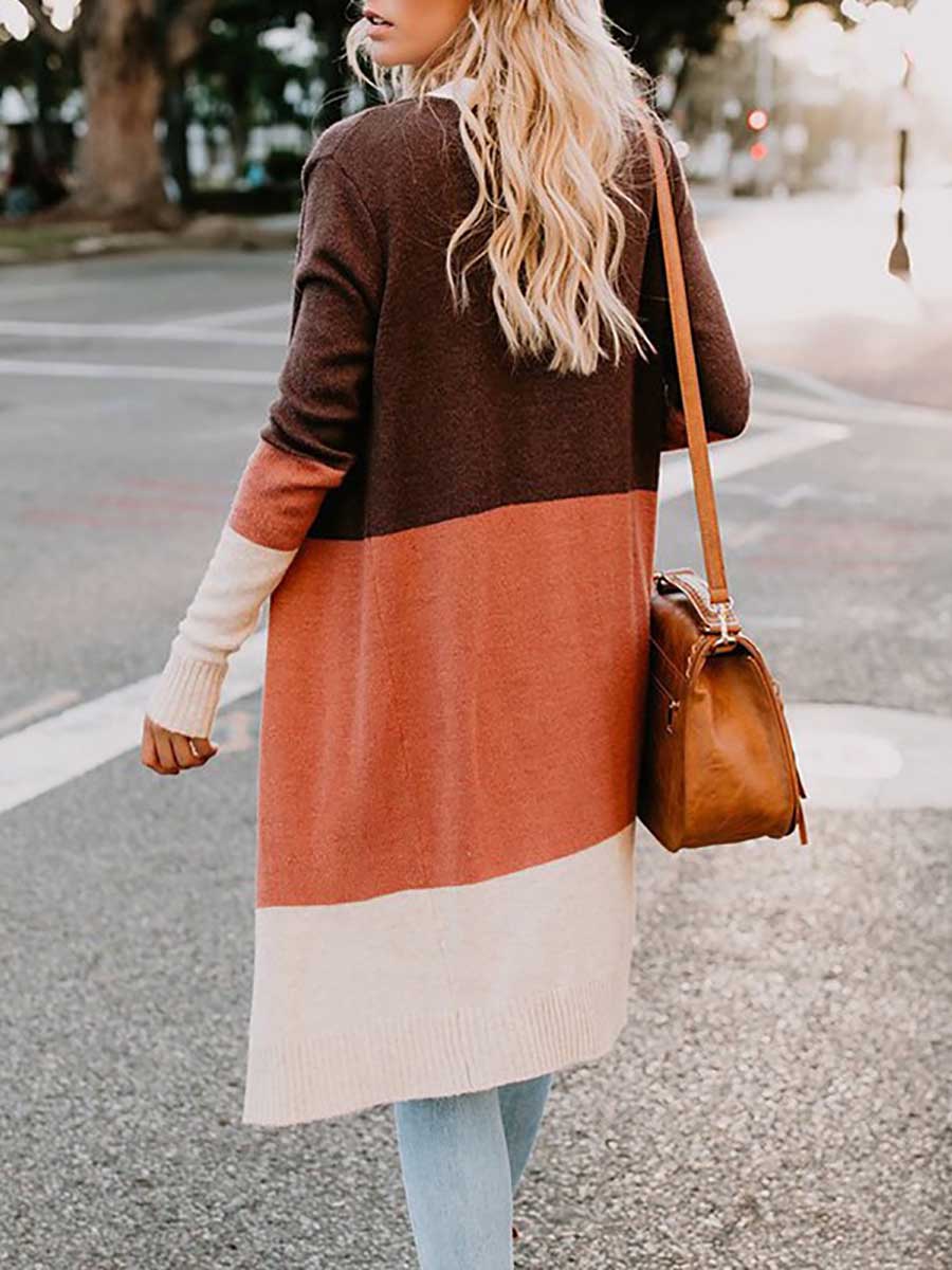 Stunncal Knit Sweater Tricolor Stripe Patchwork Long Sweater Cardigan