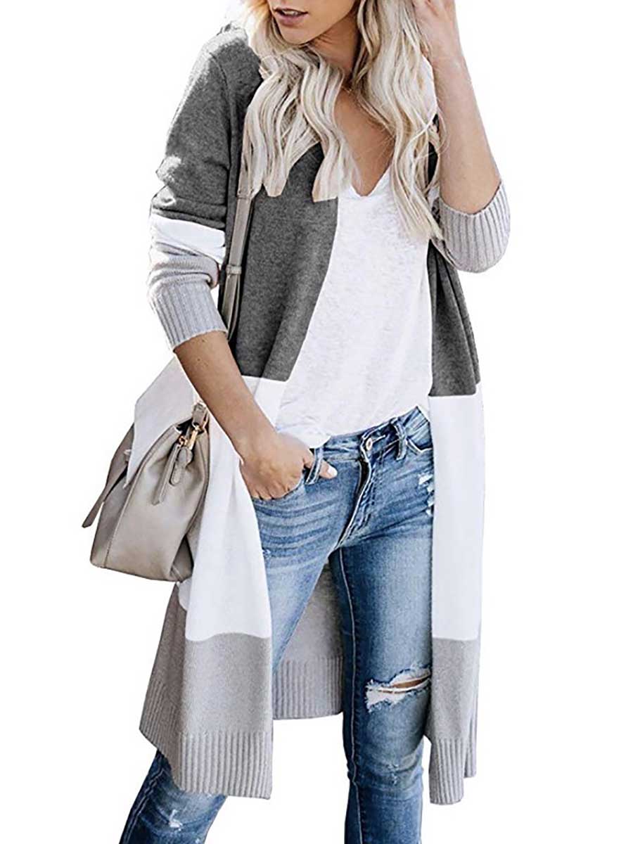 Stunncal Knit Sweater Tricolor Stripe Patchwork Long Sweater Cardigan