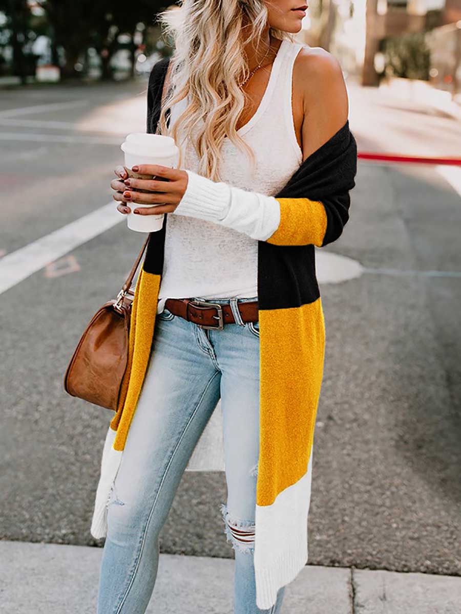 Stunncal Knit Sweater Tricolor Stripe Patchwork Long Sweater Cardigan
