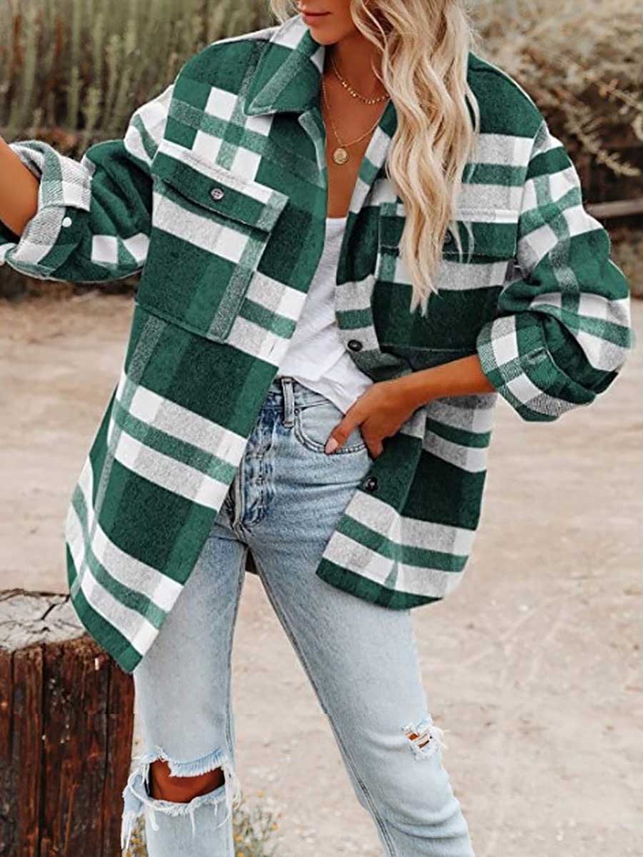 Stunncal Autumn and Winter Long-sleeved Lapel Loose Plaid Thickened Tweed Jacket