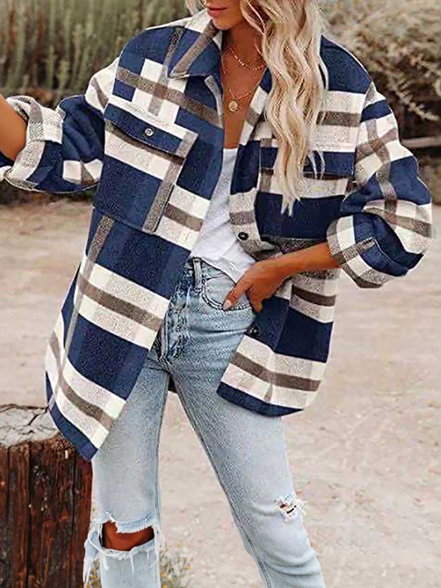 Stunncal Autumn and Winter Long-sleeved Lapel Loose Plaid Thickened Tweed Jacket