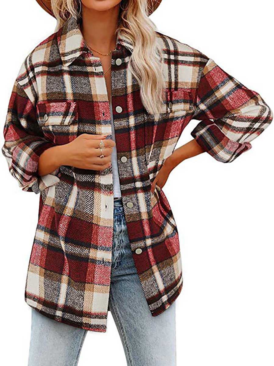 Stunncal Autumn and Winter Long-sleeved Lapel Loose Plaid Thickened Tweed Jacket