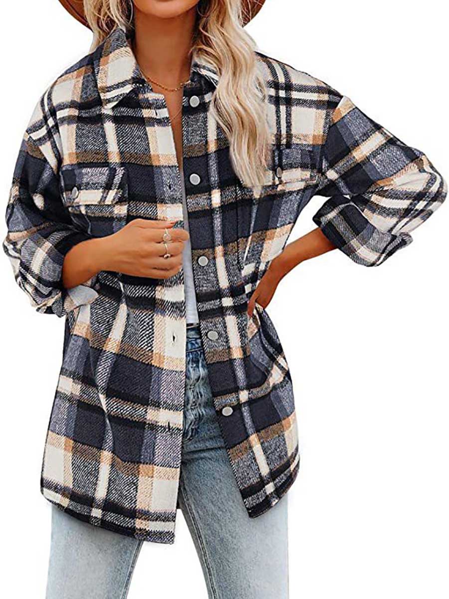 Stunncal Autumn and Winter Long-sleeved Lapel Loose Plaid Thickened Tweed Jacket
