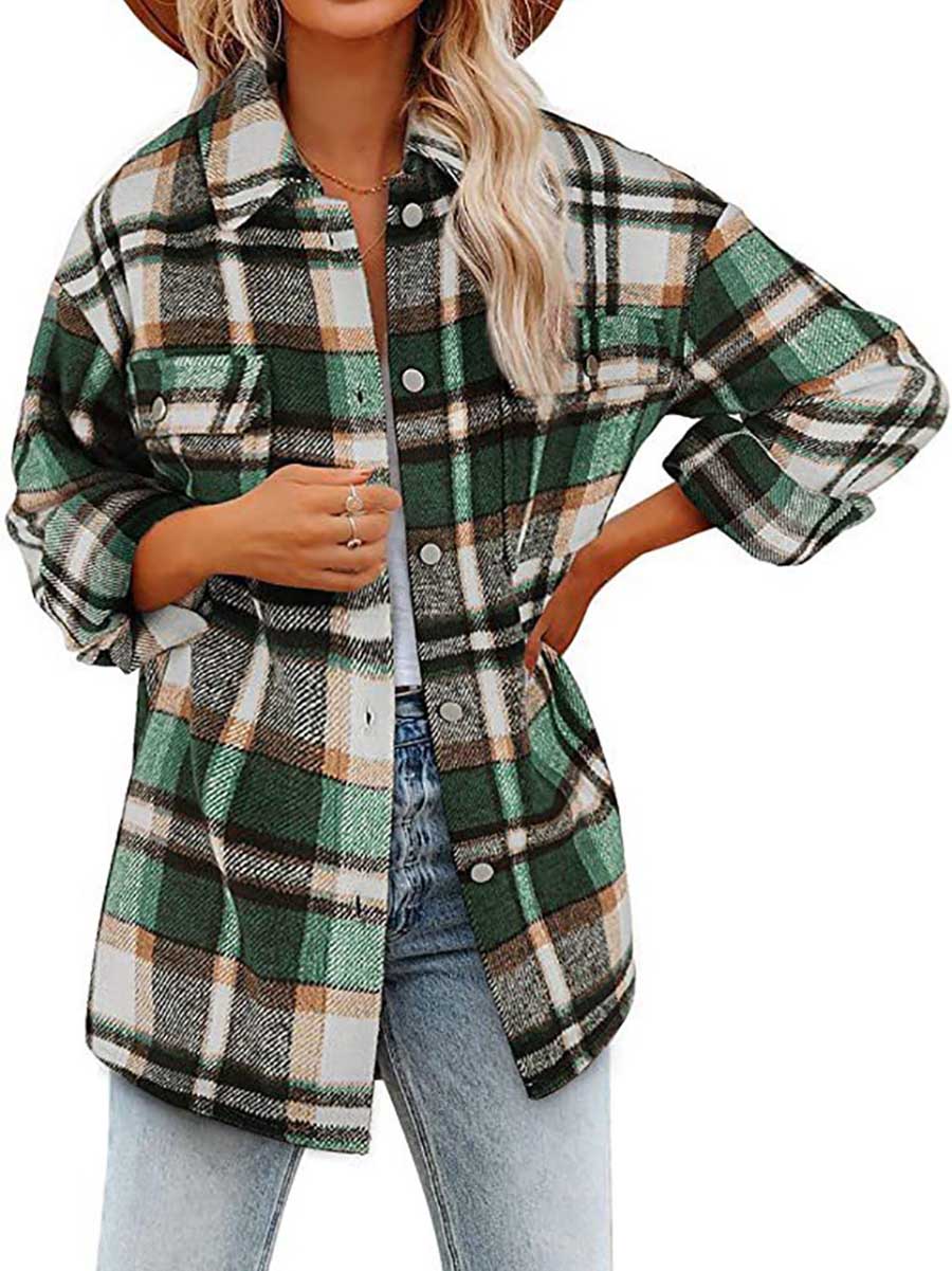 Stunncal Autumn and Winter Long-sleeved Lapel Loose Plaid Thickened Tweed Jacket