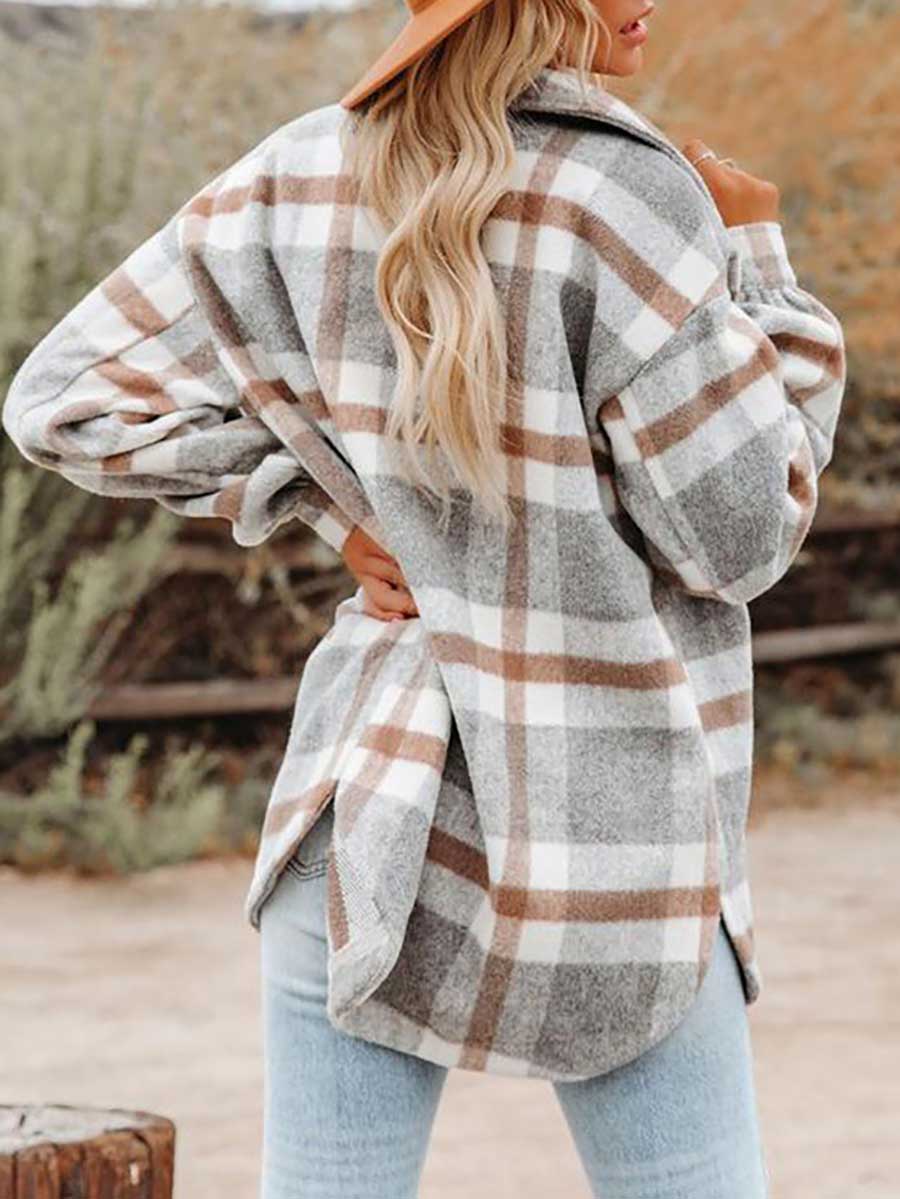 Stunncal Autumn and Winter Long-sleeved Lapel Loose Plaid Thickened Tweed Jacket