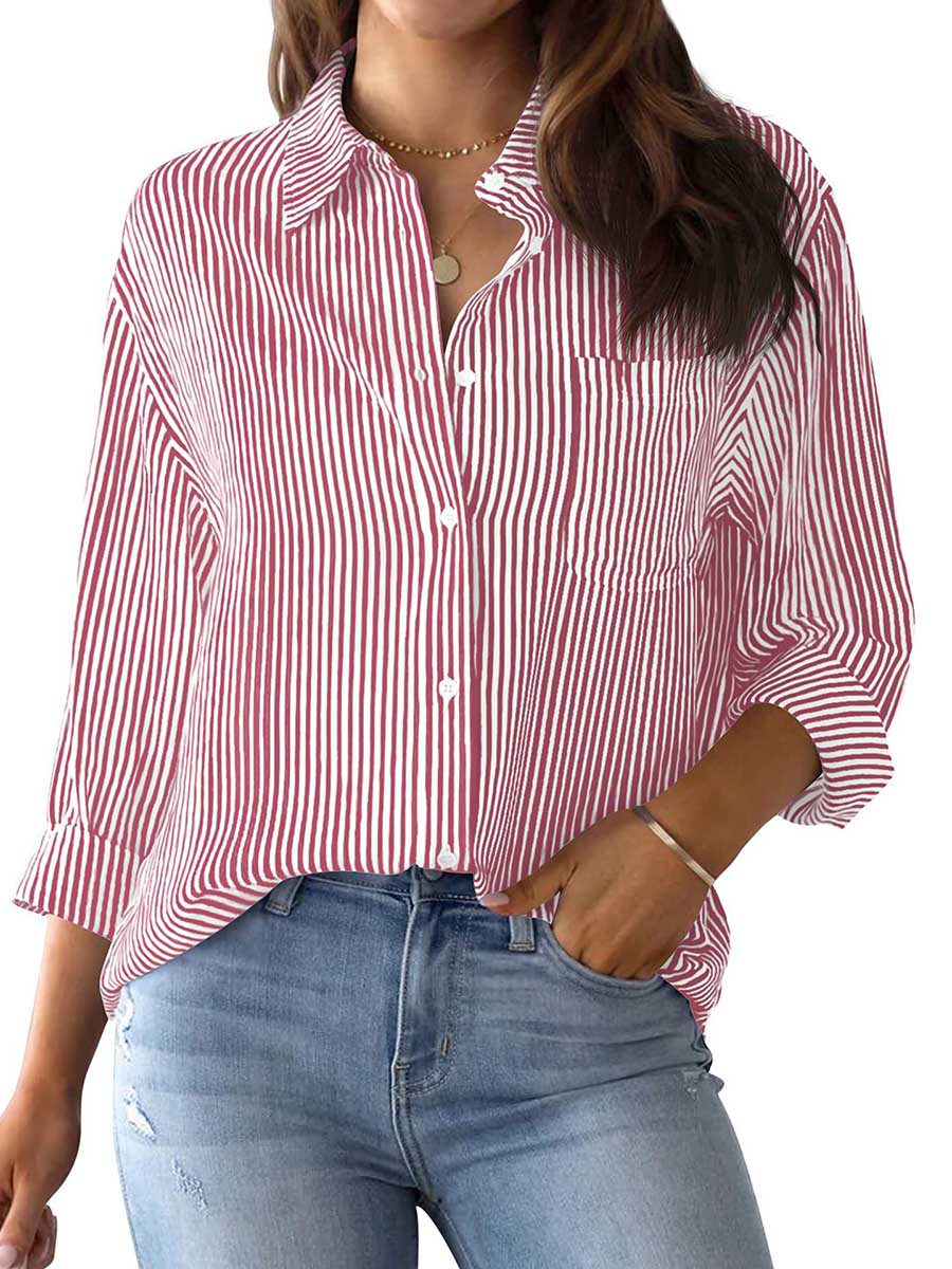 Stunncal Striped Long Sleeve Collared Shirt Top