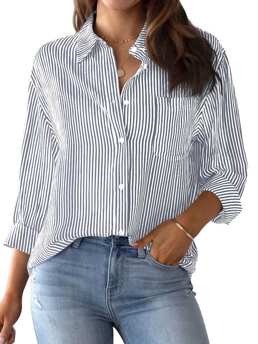 Stunncal Striped Long Sleeve Collared Shirt Top