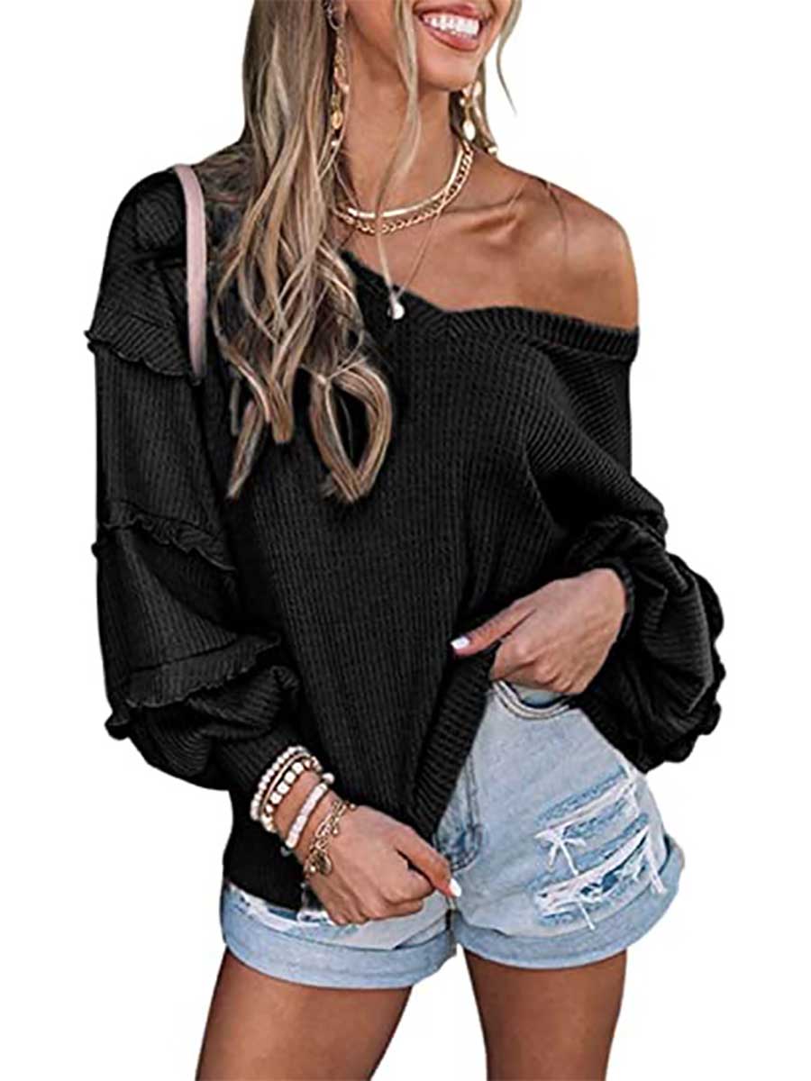 Stunncal Waffle V-Neck Ruffle Lantern Sleeve Top