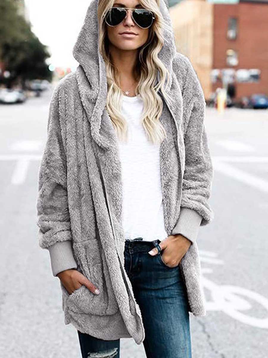 Stunncal Solid Color Fleece Hooded Jacket
