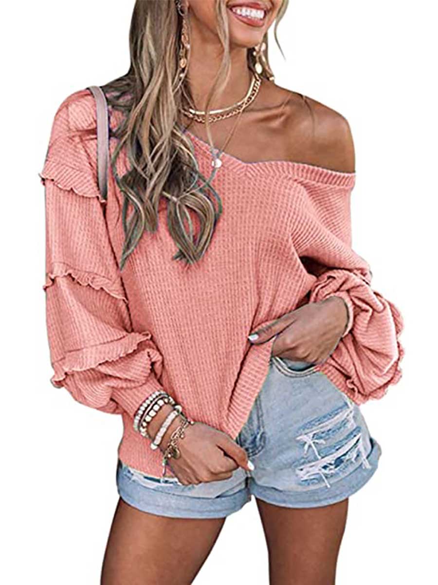 Stunncal Waffle V-Neck Ruffle Lantern Sleeve Top