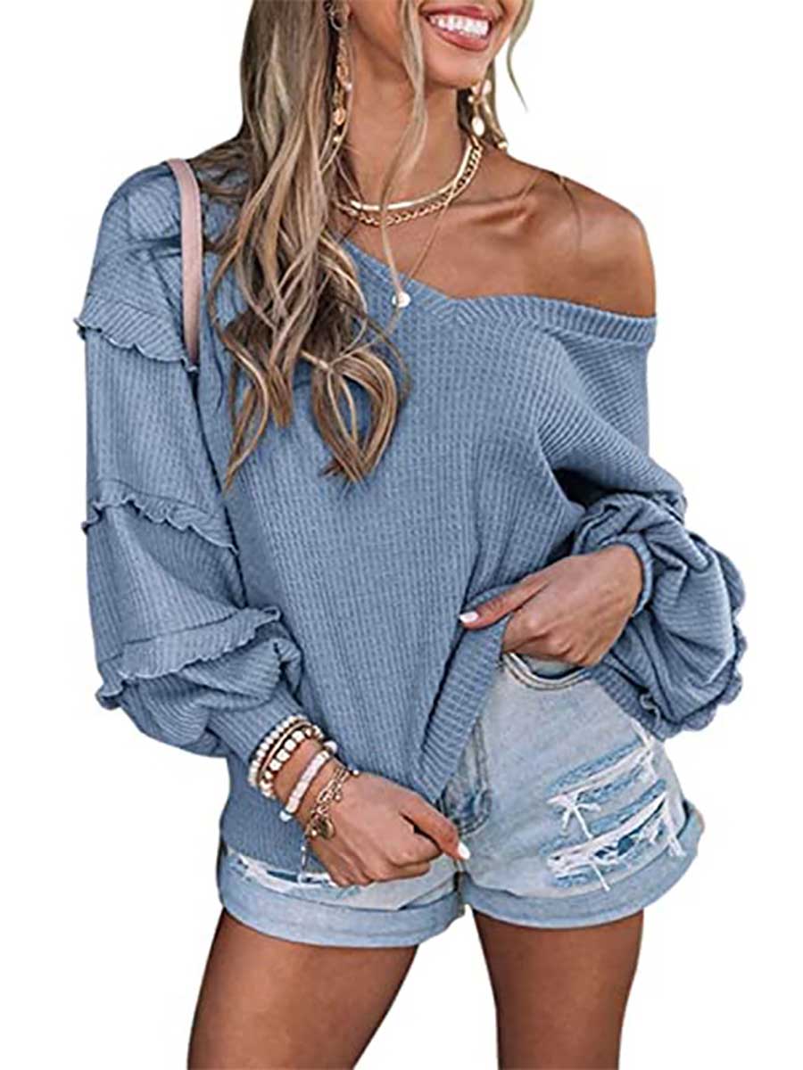 Stunncal Waffle V-Neck Ruffle Lantern Sleeve Top