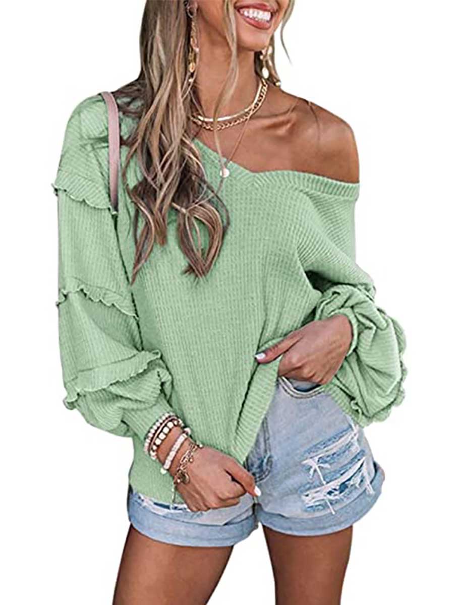 Stunncal Waffle V-Neck Ruffle Lantern Sleeve Top