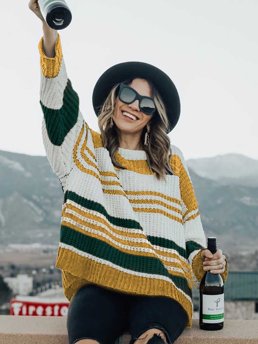 Stunncal Striped Patchwork Colorblock Crew Neck Sweater