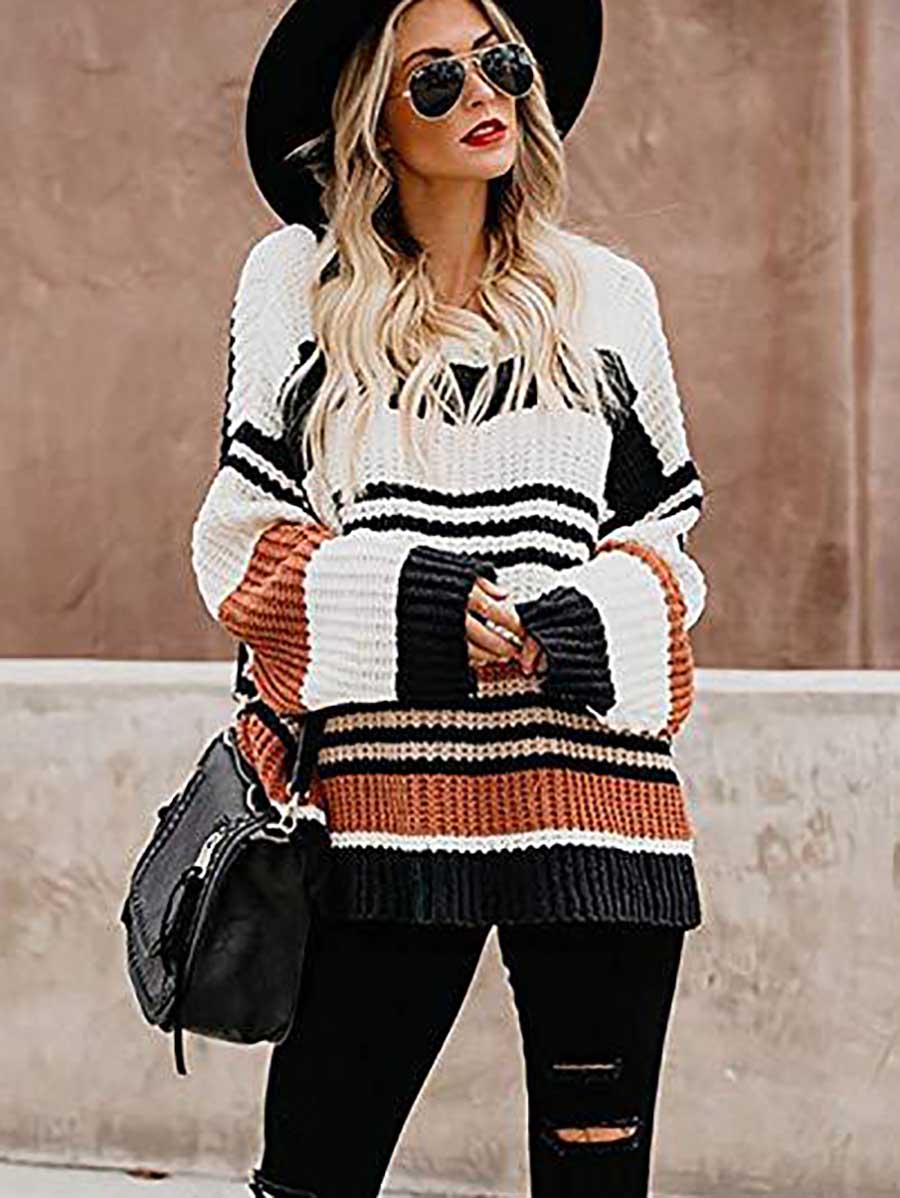 Stunncal Striped Patchwork Colorblock Crew Neck Sweater