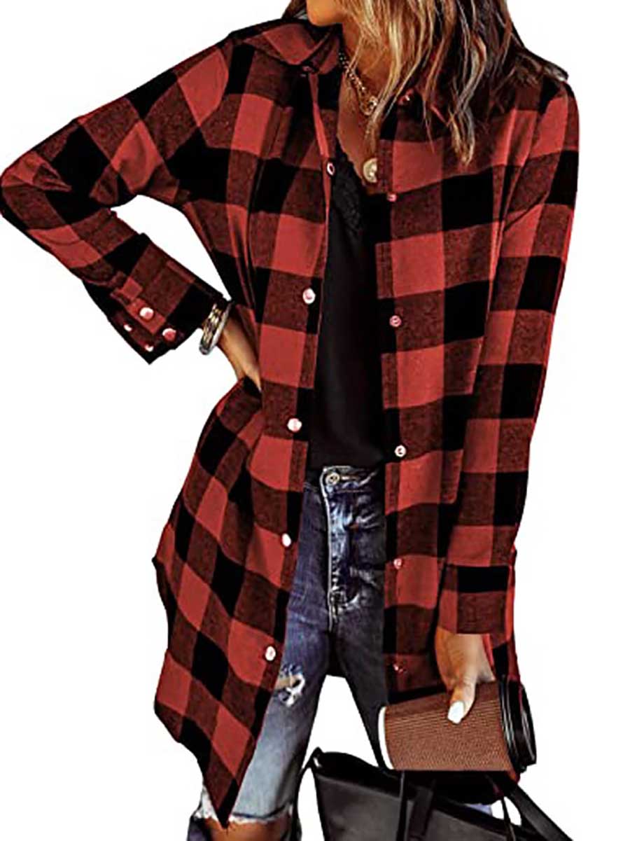 Stunncal Lapel Buttoned Plaid Shirt Jacket