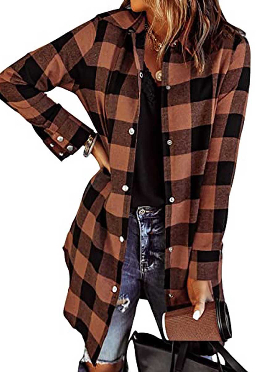 Stunncal Lapel Buttoned Plaid Shirt Jacket