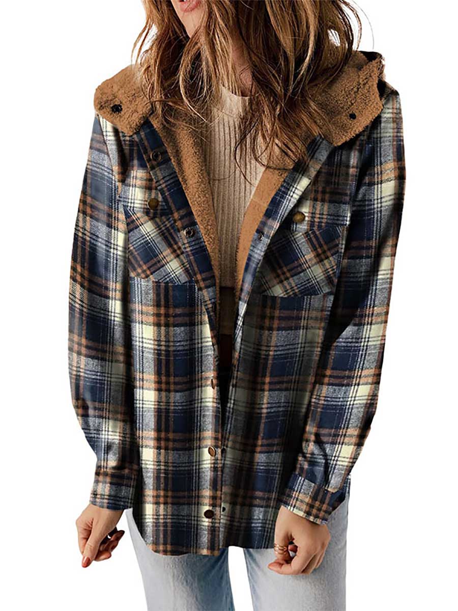 Stunncal Plaid Long Sleeve Shirt Hooded Thickened Jacket