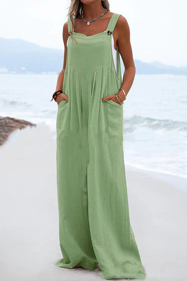 Stunncal Ethnic Button Suspender Wide Leg Line Jumpsuit