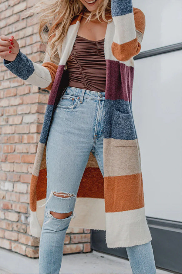 Stunncal Multicolor Knitted Color Block Open Front Long Cardigan