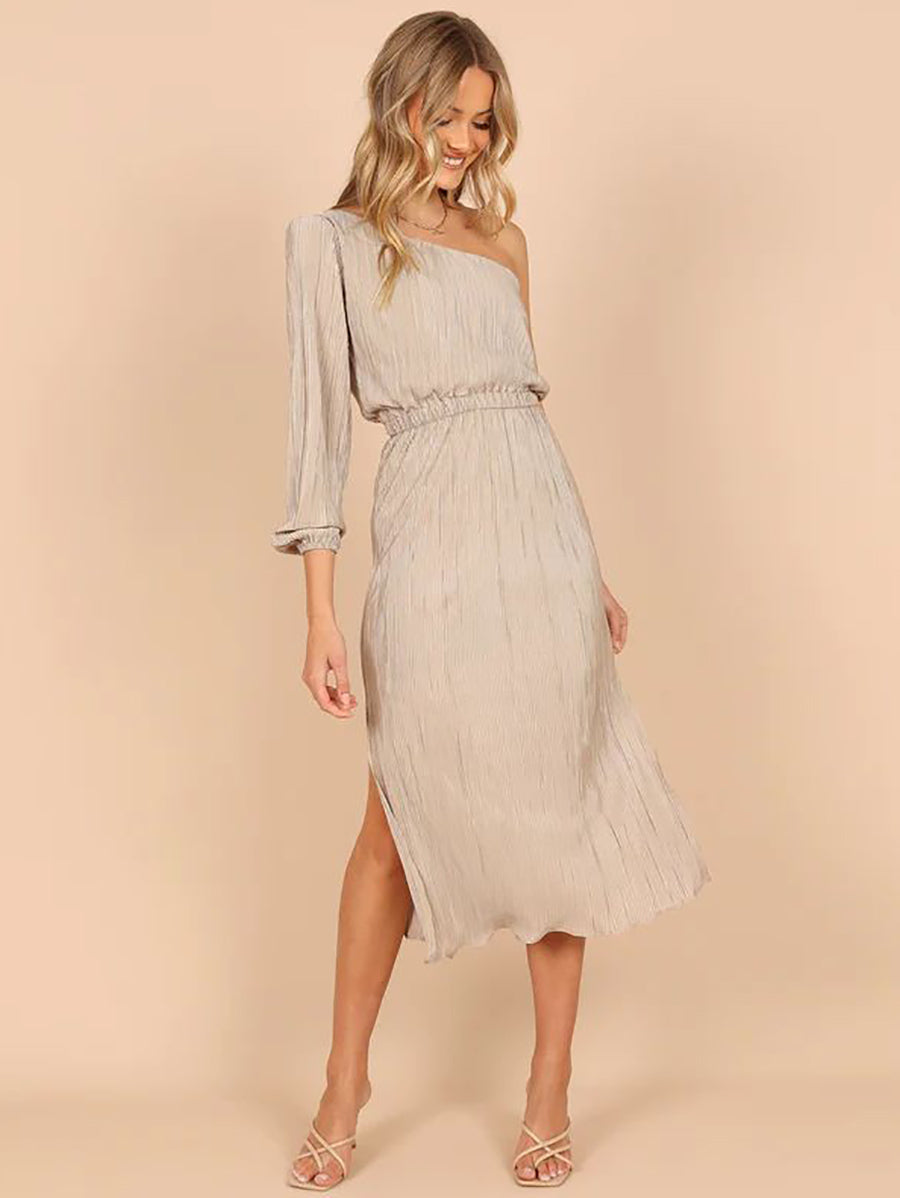 Stunncal One-Shoulder Slash Neck Solid Color Party Dress(3 Colors)