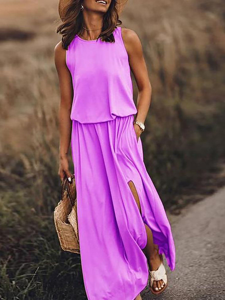 Stunncal Pockets O Neck Sleeveless Slit Maxi Dress