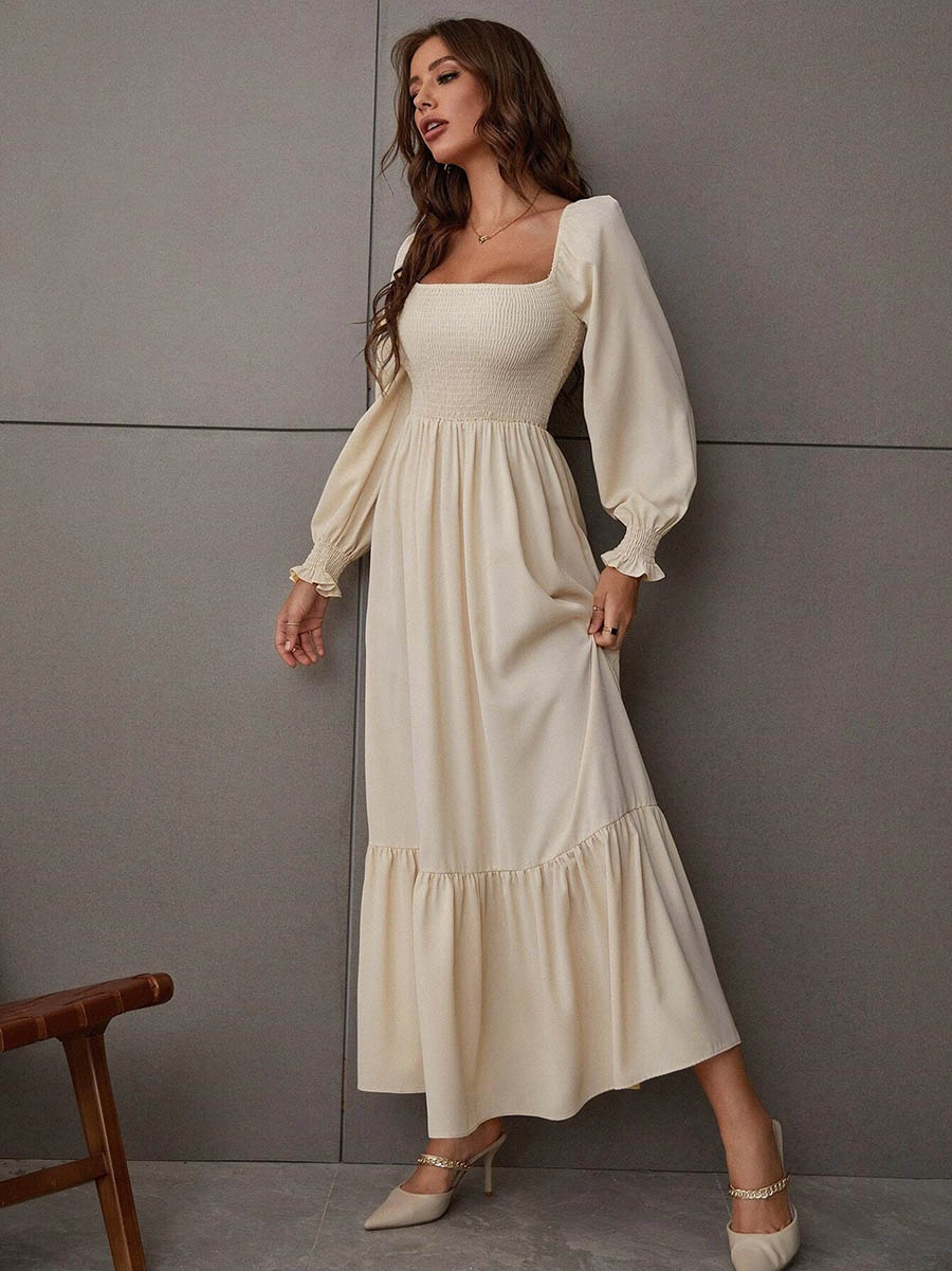 Stunncal Square Neck Long Sleeve Ruffle High Waist Dress (5 colors)