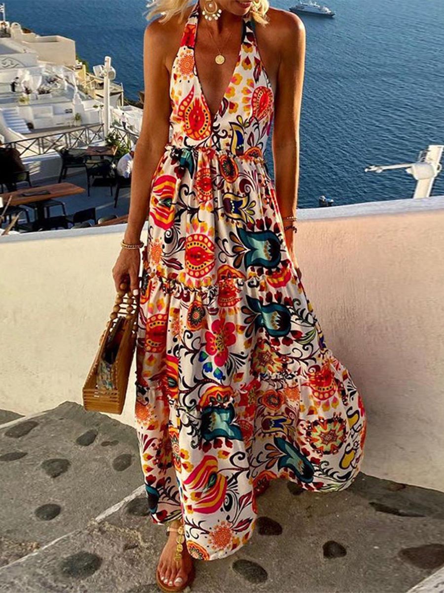 Stunncal Sexy Vacation Print Backless Printing Halter Beach Dresses
