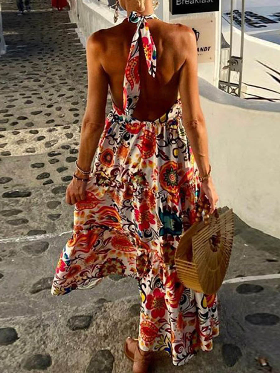 Stunncal Sexy Vacation Print Backless Printing Halter Beach Dresses