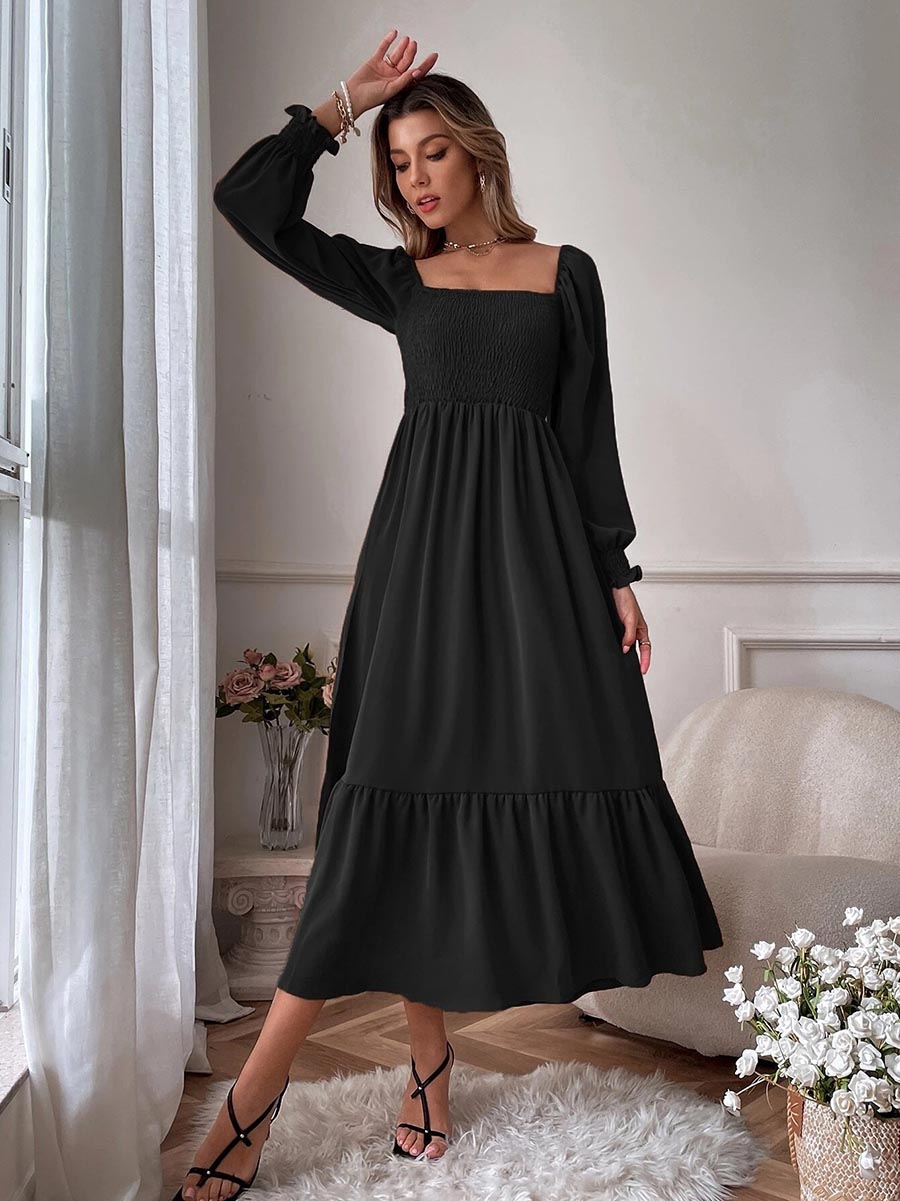 Stunncal Square Neck Long Sleeve Ruffle High Waist Dress (5 colors)