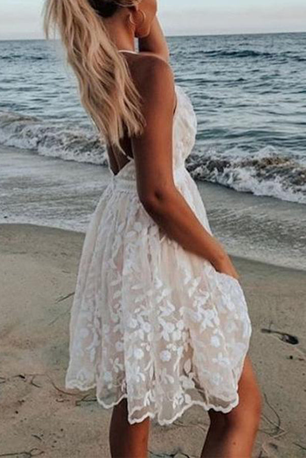 Stunncal V-Neck Lace Embroidered White Dress