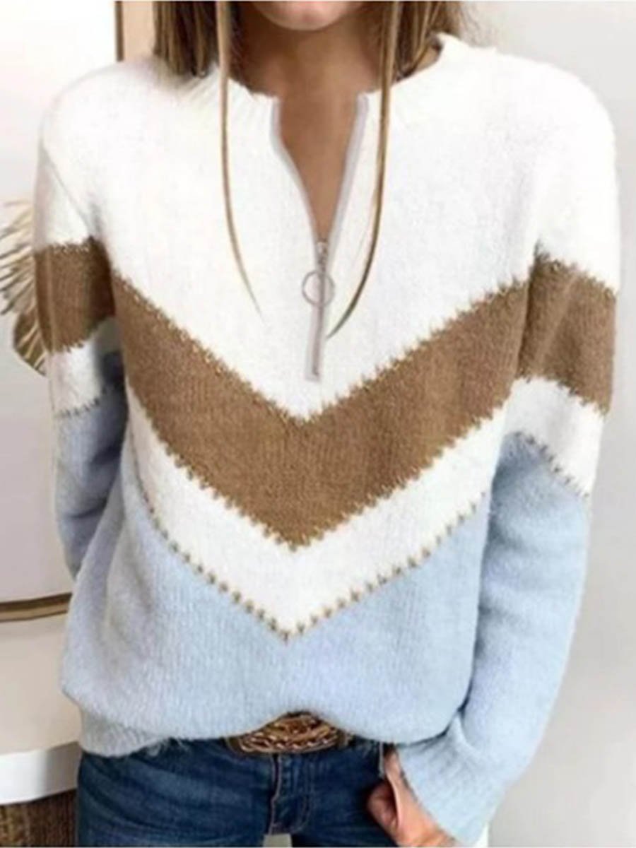 Stunncal Zipper V-Neck Colorful Sweater