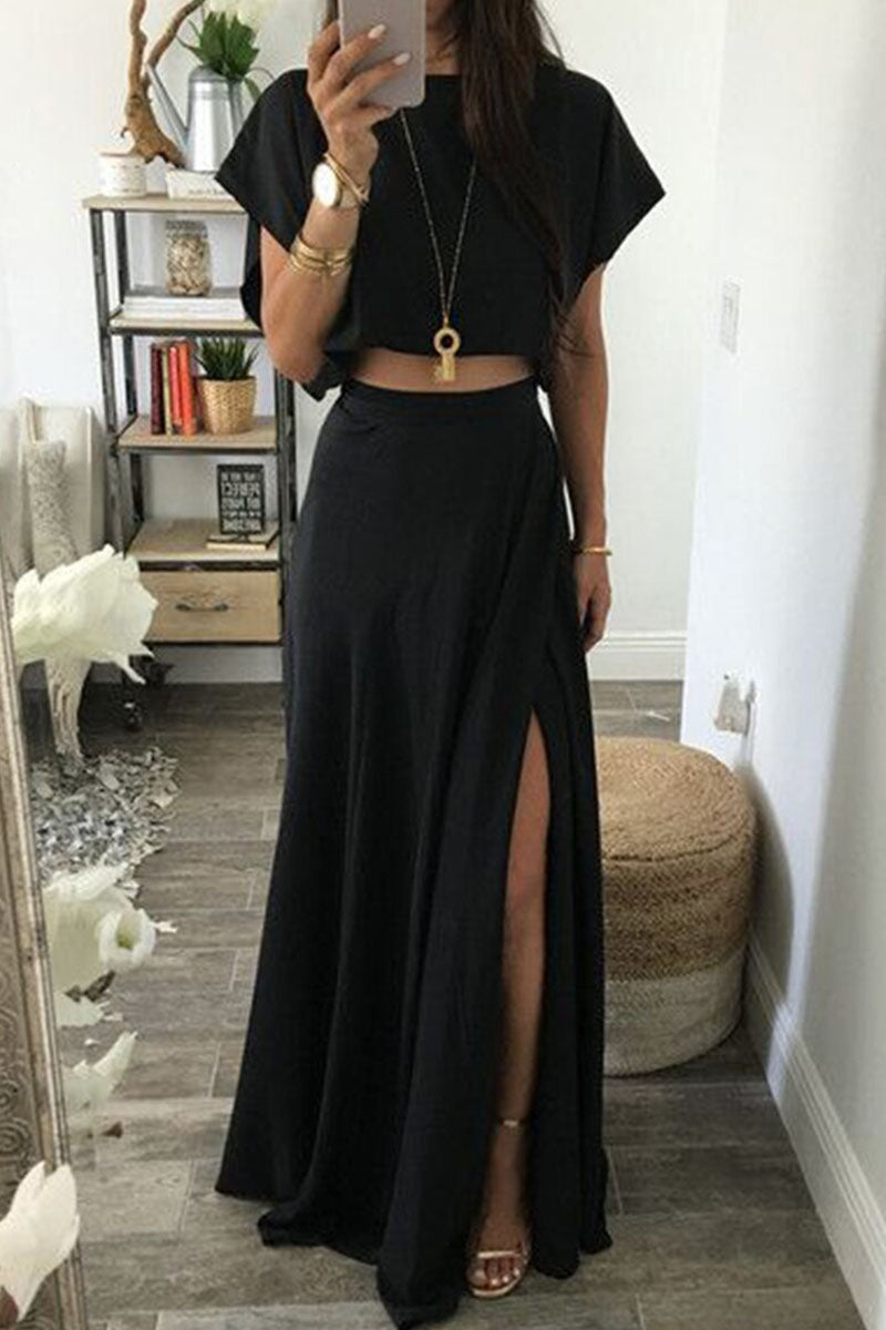 Stunncal Fashion Casual Solid Split Joint O Neck Short Sleeve Two Pieces