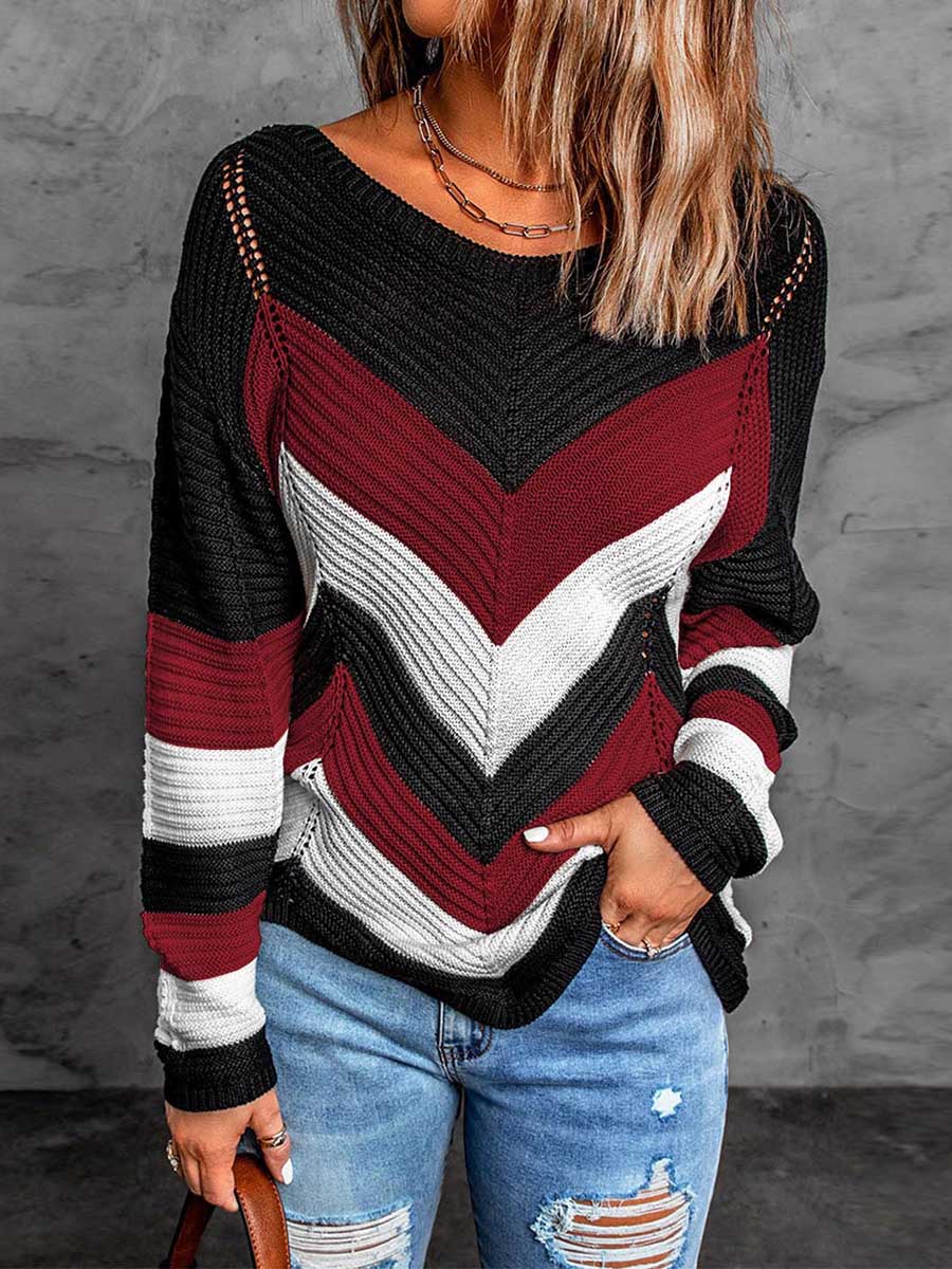Stunncal Casual Sweet Geometric Patchwork O Neck Sweaters(7 Colors)