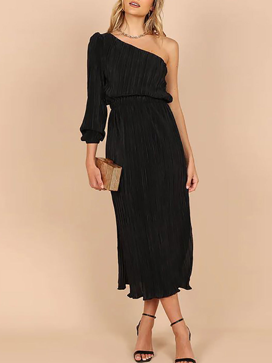 Stunncal One-Shoulder Slash Neck Solid Color Party Dress(3 Colors)