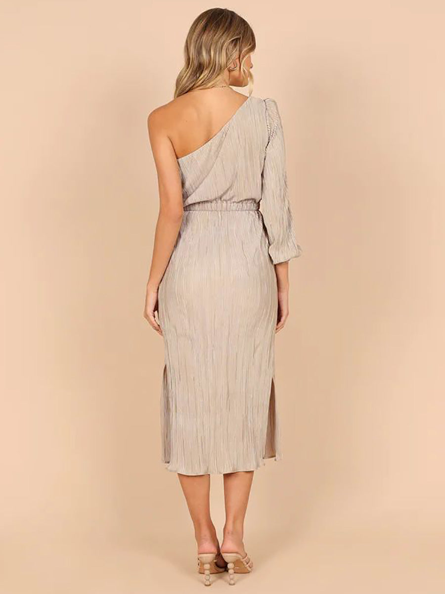 Stunncal One-Shoulder Slash Neck Solid Color Party Dress(3 Colors)