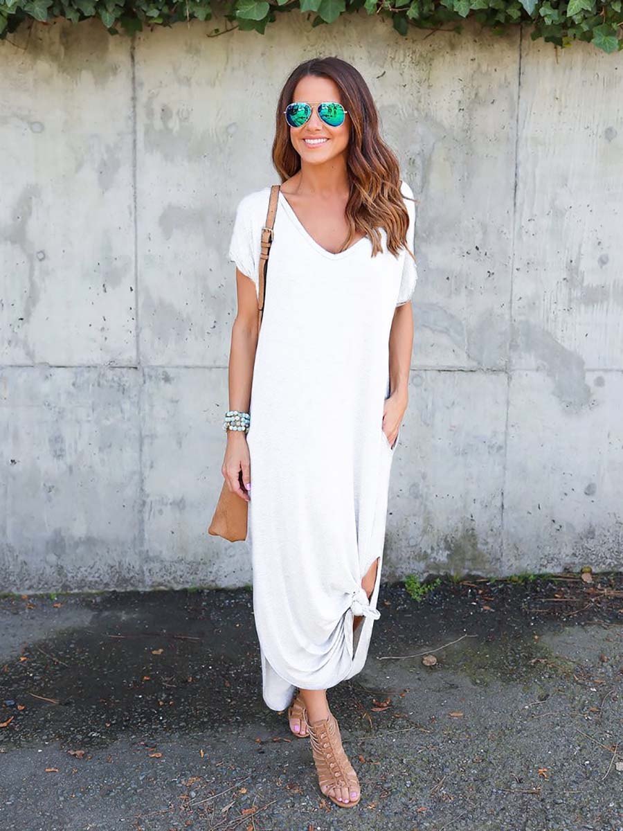 Stunncal V-Neck Pocket Split Dress(8 colors)