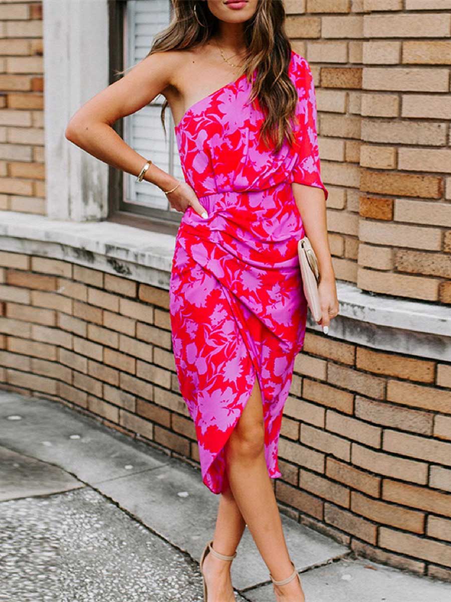 Stunncal One shoulder Tulip Hem Printed Dress