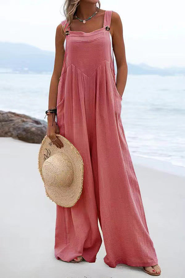 Stunncal Ethnic Button Suspender Wide Leg Line Jumpsuit