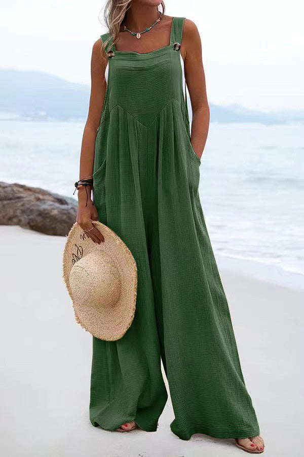 Stunncal Ethnic Button Suspender Wide Leg Line Jumpsuit
