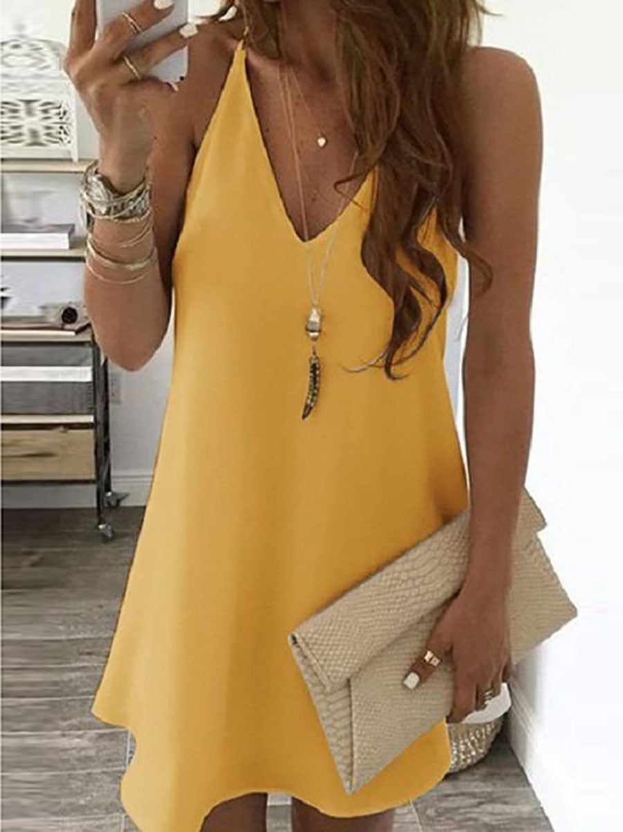 Stunncal Solid V Neck Sleeveless Mini Dress