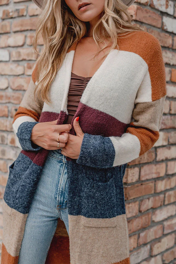 Stunncal Multicolor Knitted Color Block Open Front Long Cardigan