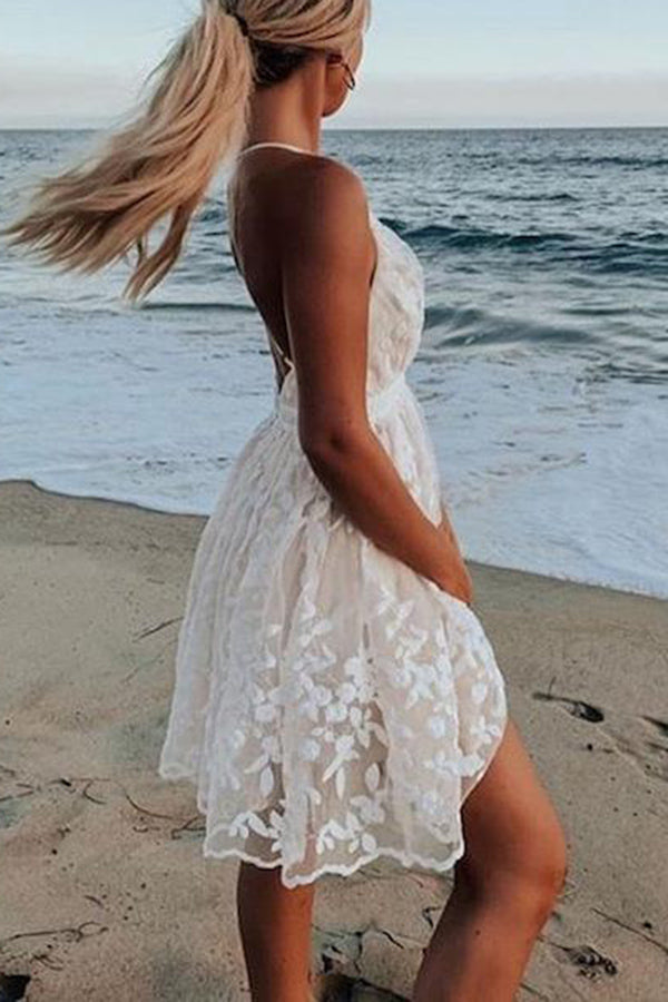 Stunncal V-Neck Lace Embroidered White Dress